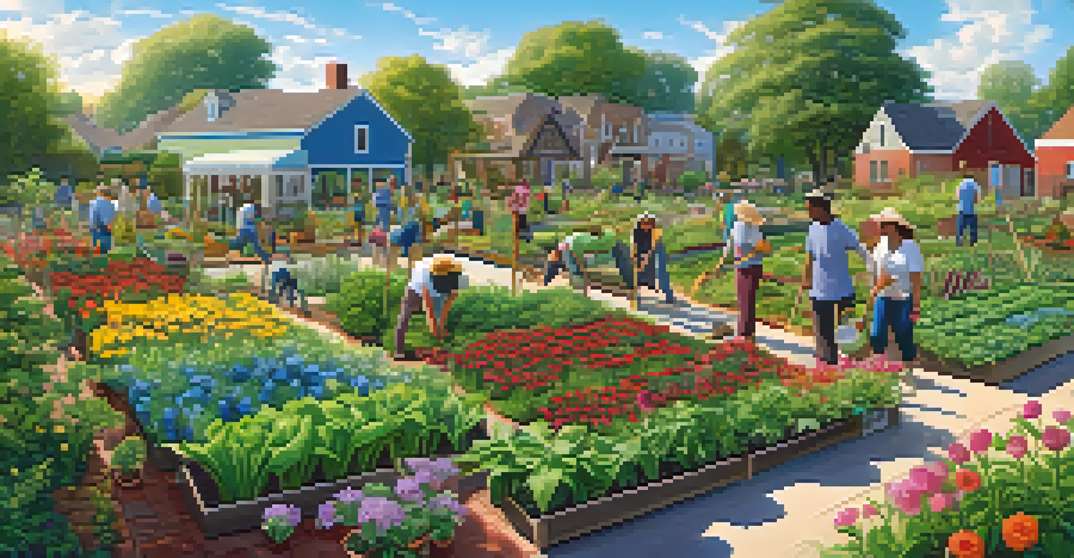 A community garden with diverse people gardening among vibrant plants and flowers under a clear blue sky.