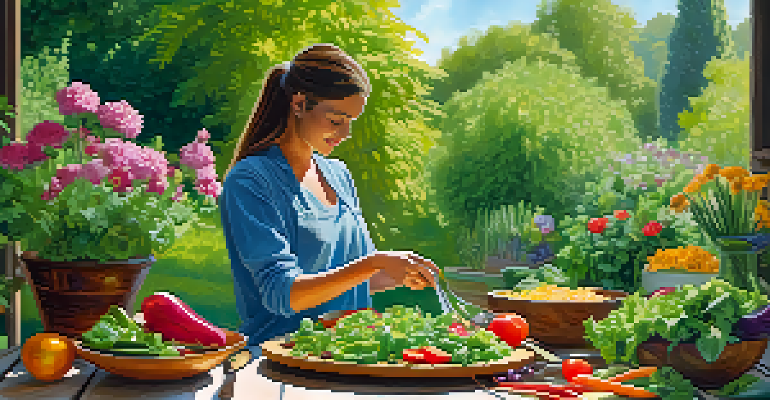 A person preparing a fresh raw salad in a sunny garden, surrounded by green plants and colorful flowers.