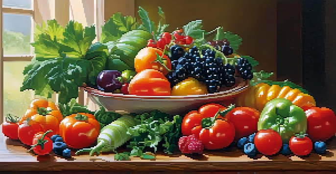 A colorful arrangement of fresh raw fruits and vegetables on a wooden table, showcasing tomatoes, greens, and berries.
