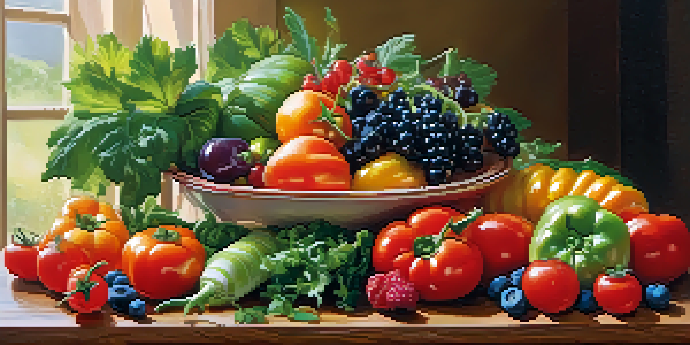 A colorful arrangement of fresh raw fruits and vegetables on a wooden table, showcasing tomatoes, greens, and berries.