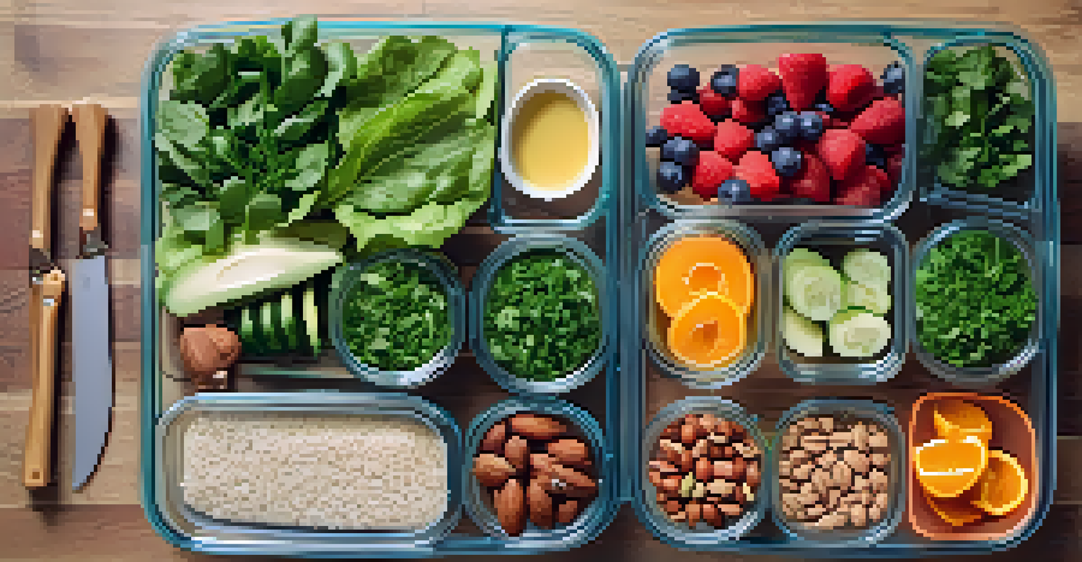 A meal prep scene with containers of raw foods, including greens and fruits, displayed on a wooden surface.