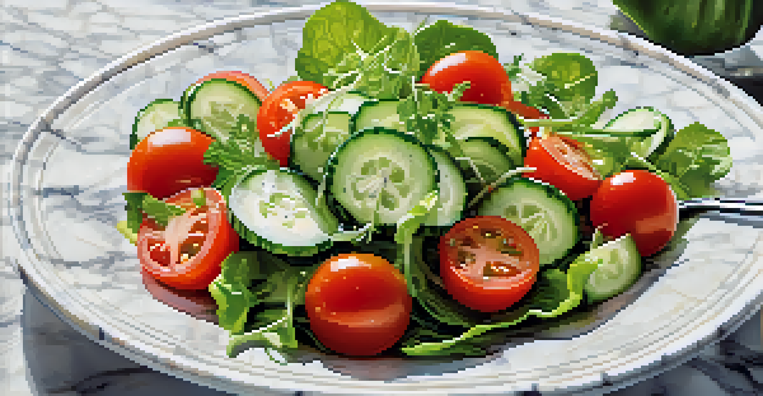 A close-up view of a vegetable salad in a glass bowl, showcasing cucumbers, tomatoes, and greens.