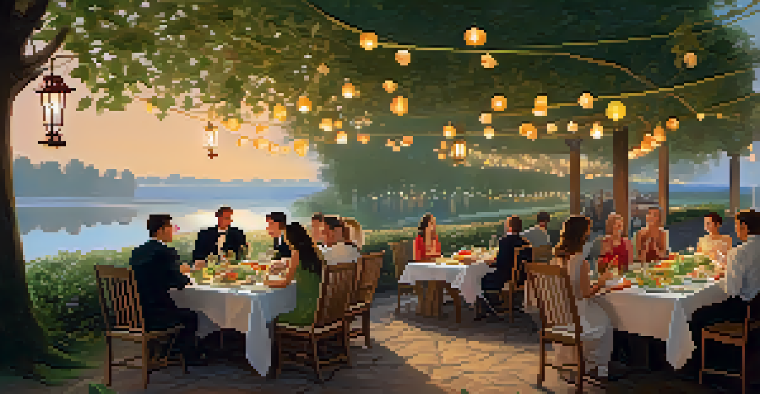 A group of friends dining outdoors with a beautifully set table of raw dishes, surrounded by greenery and soft lighting.
