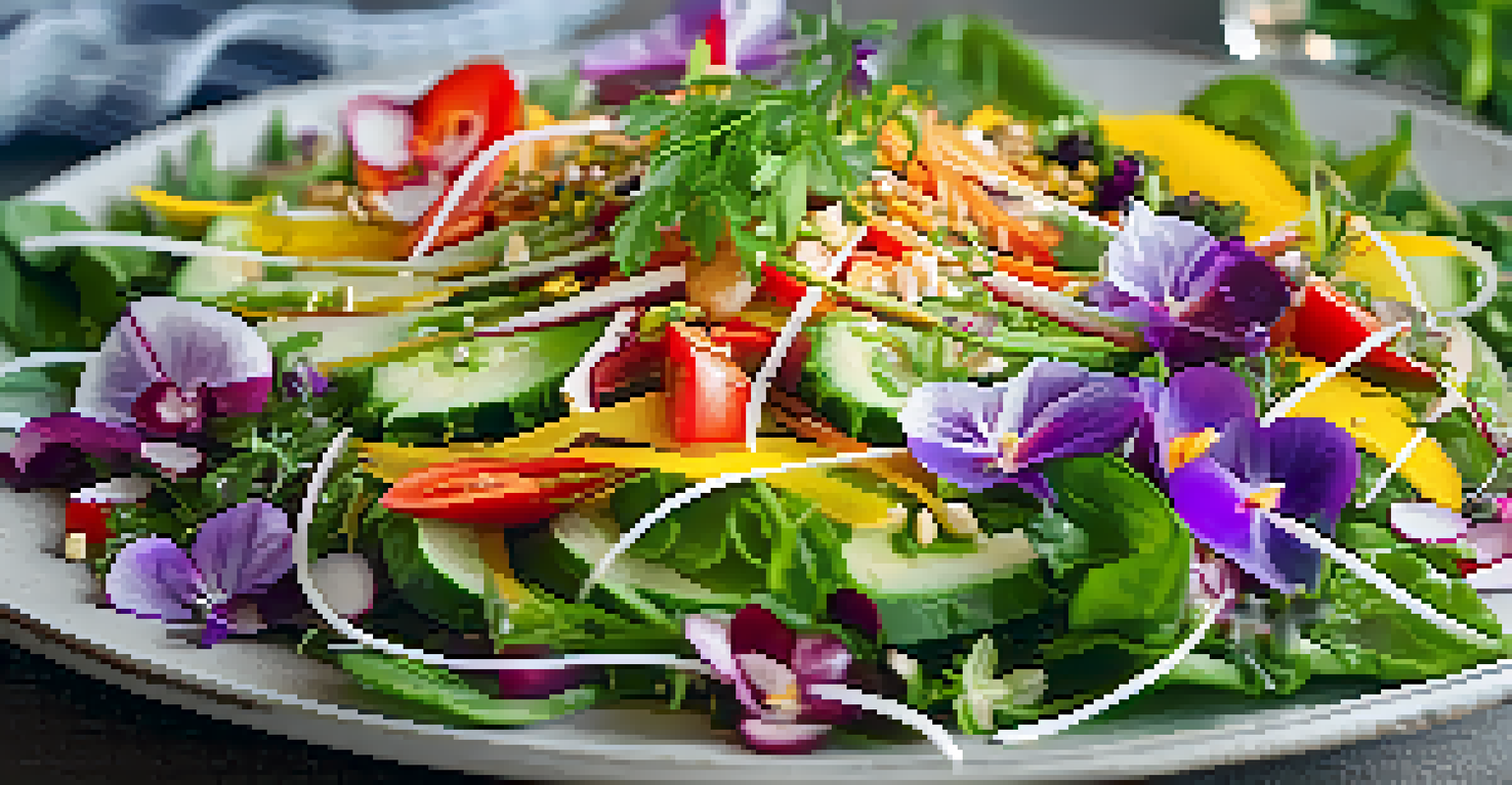 A close-up of a colorful raw Thai salad, artfully arranged with fresh vegetables and edible flowers, illuminated by soft natural light.