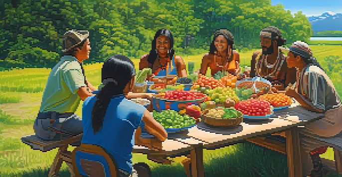 A diverse group of indigenous people enjoying a meal outdoors, surrounded by colorful raw foods like fruits and vegetables in a lush landscape.
