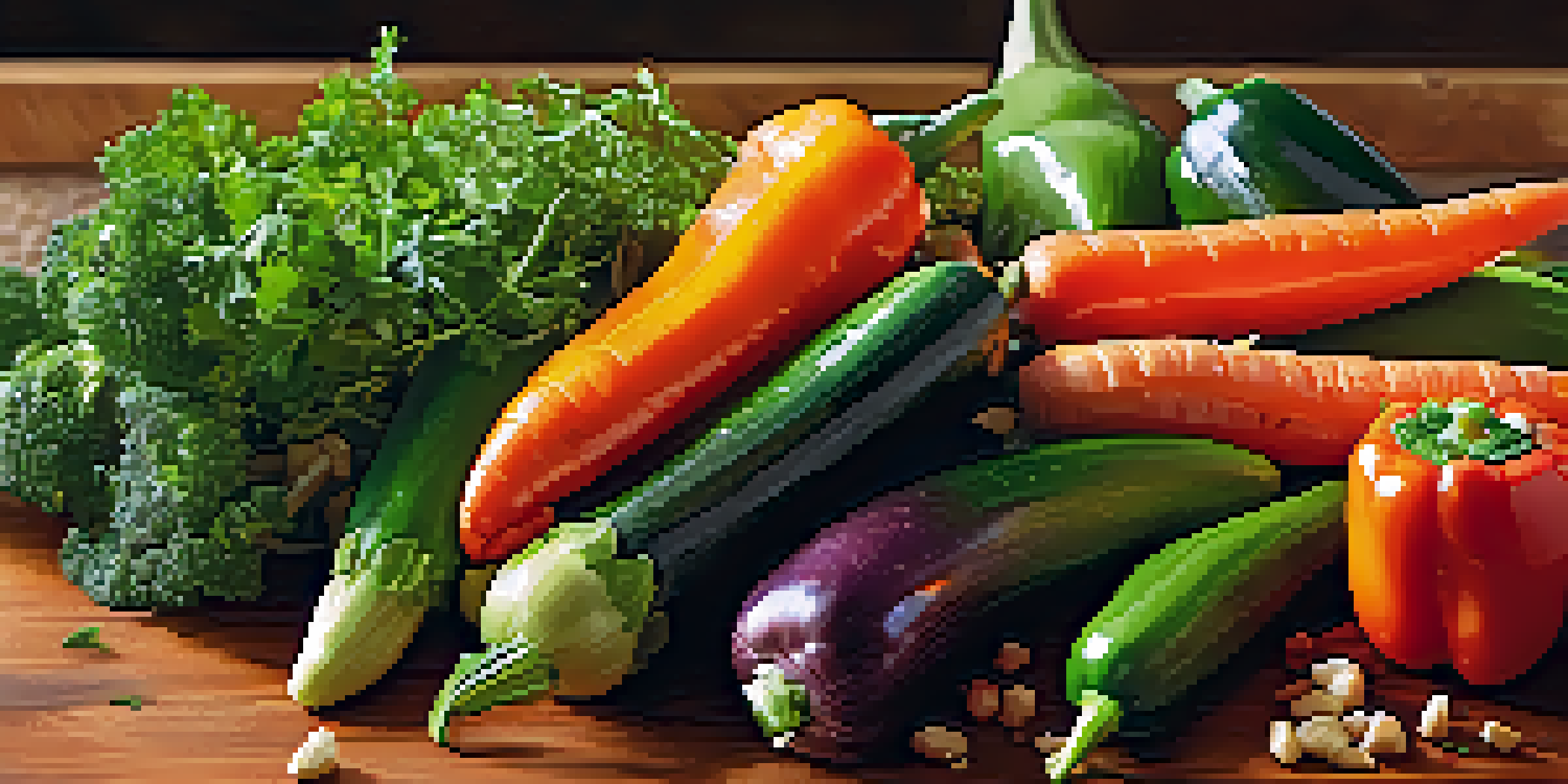 A colorful assortment of marinated vegetables on a wooden cutting board, showcasing carrots, zucchini, and bell peppers with herbs.