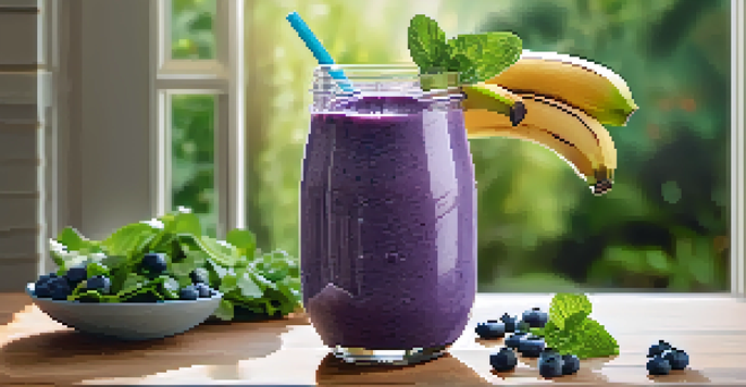 A colorful raw food smoothie made of leafy greens and fruits, placed on a wooden table with sunlight illuminating the scene.