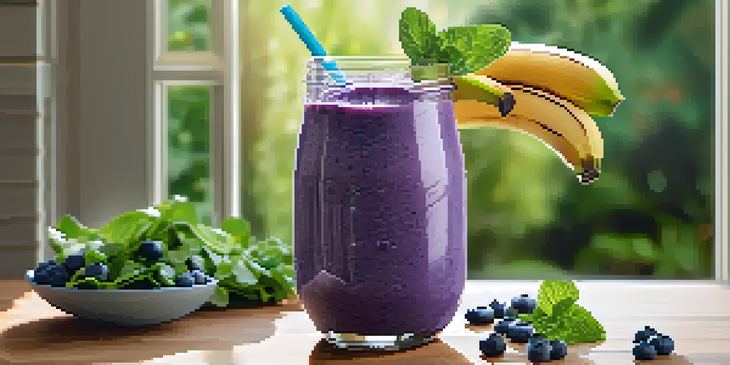 A colorful raw food smoothie made of leafy greens and fruits, placed on a wooden table with sunlight illuminating the scene.