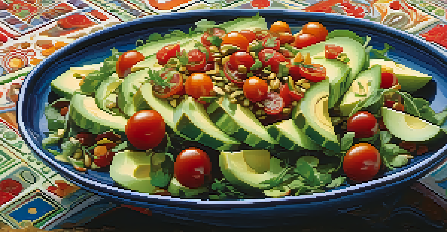 A colorful raw food salad bowl filled with fresh vegetables and seeds, set on a patterned tablecloth.