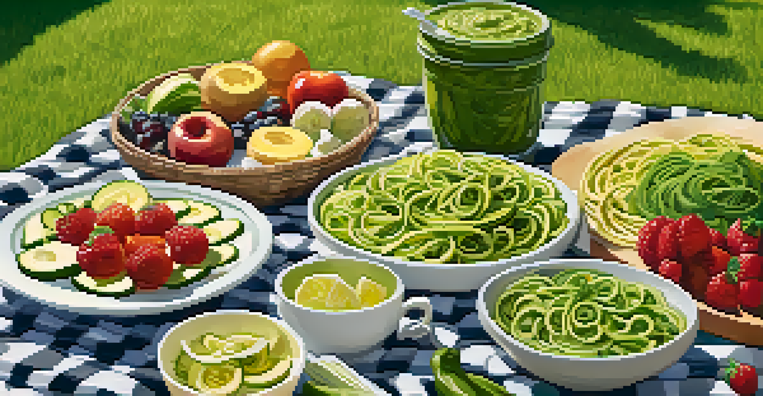 A picnic setup featuring raw food dishes on a checkered blanket in a green grassy area, with sunlight filtering through the trees.