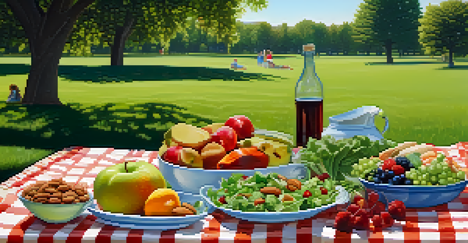 An outdoor picnic scene featuring raw food items on a checkered blanket in a sunny park.
