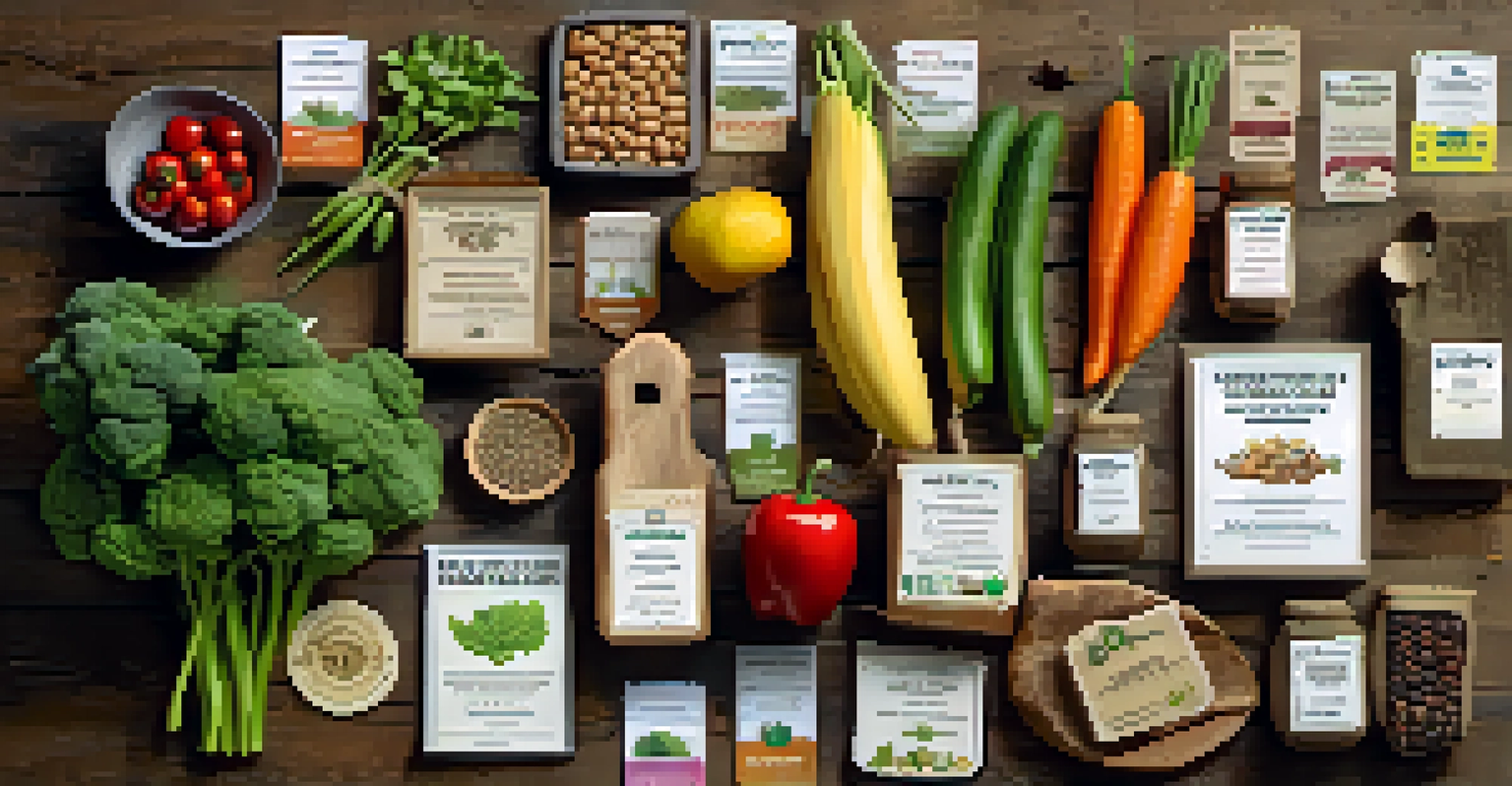 A flat lay of sustainable food certifications next to fresh produce, highlighting responsible sourcing.