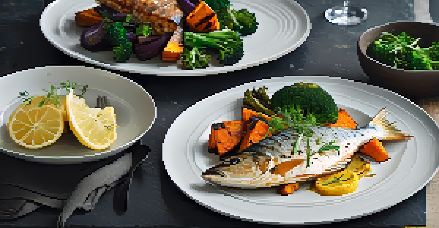 A plate of grilled fish with roasted vegetables like broccoli and sweet potatoes, garnished with herbs and lemon slices, presented on a dark slate background.