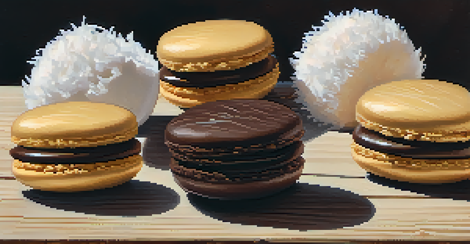 Delicious no-bake coconut macaroons dipped in dark chocolate, displayed on a wooden surface with soft lighting.