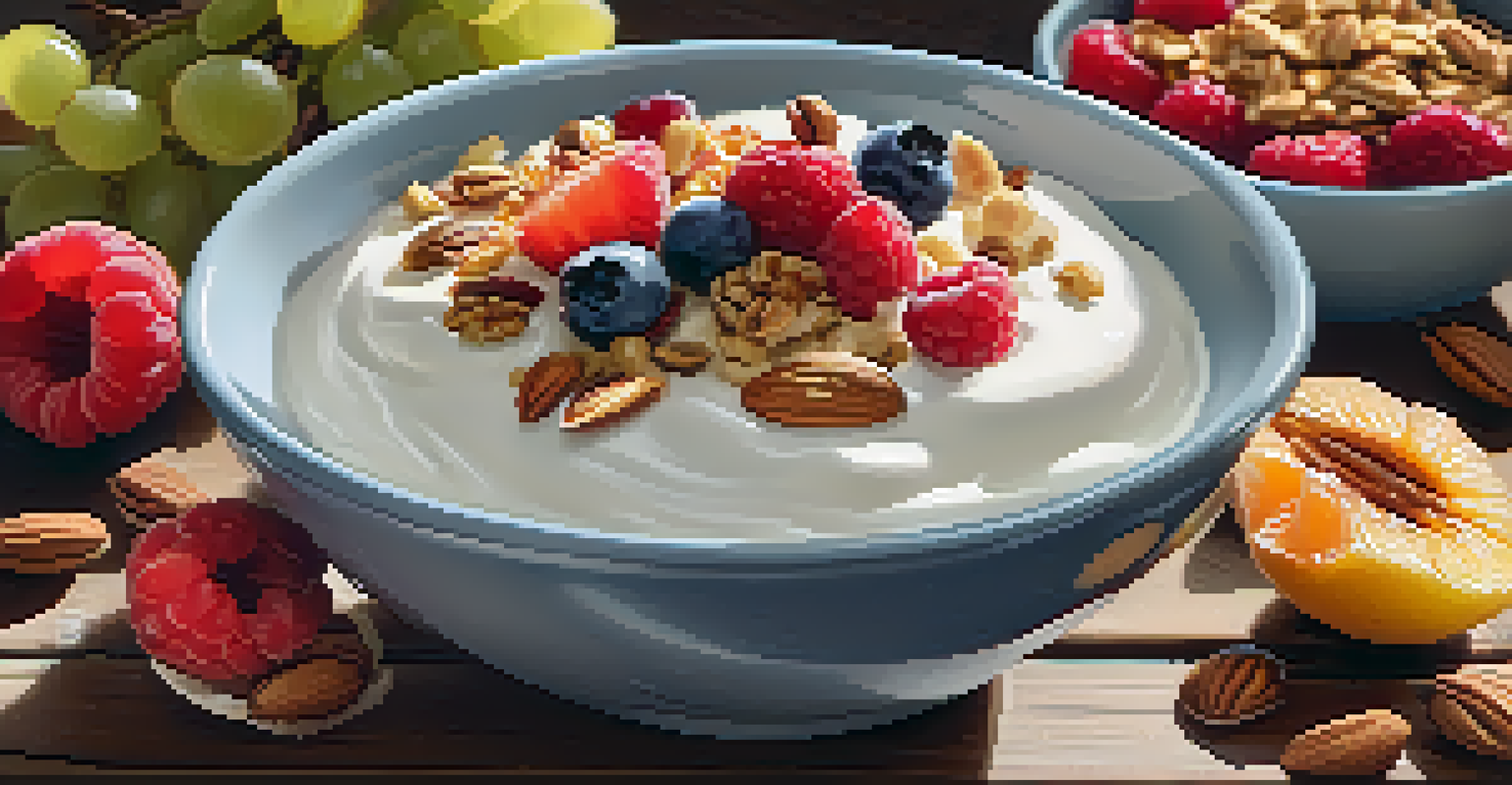 A bowl of yogurt topped with fruits and nuts on a wooden table, with honey and granola scattered around, illuminated by sunlight.