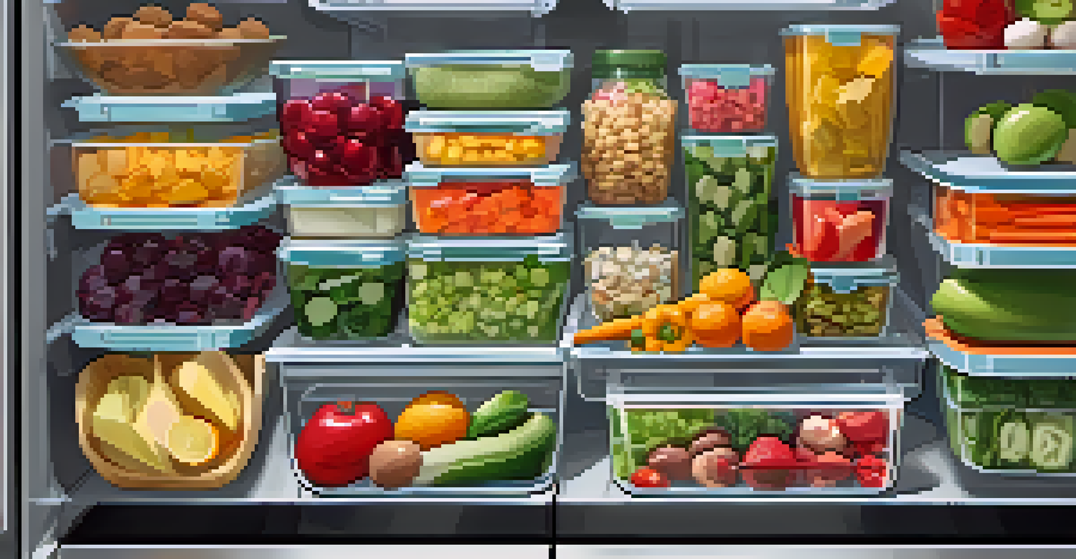 An organized fridge filled with labeled glass containers of prepped raw meals, creating a colorful and inviting display.