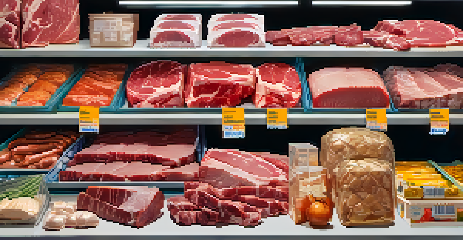 A grocery store shelf displaying fresh meat products with visible expiration dates.