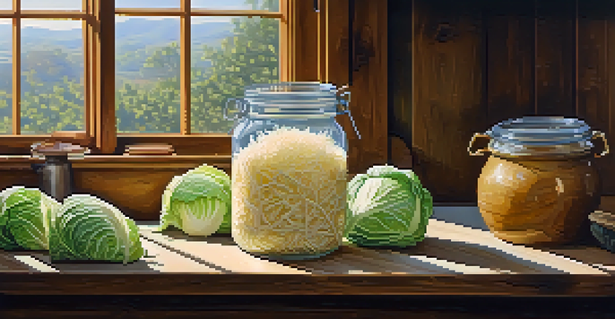 A rustic kitchen setting with a jar of sauerkraut on a wooden table, surrounded by fresh cabbages and kitchen utensils, illuminated by soft light.