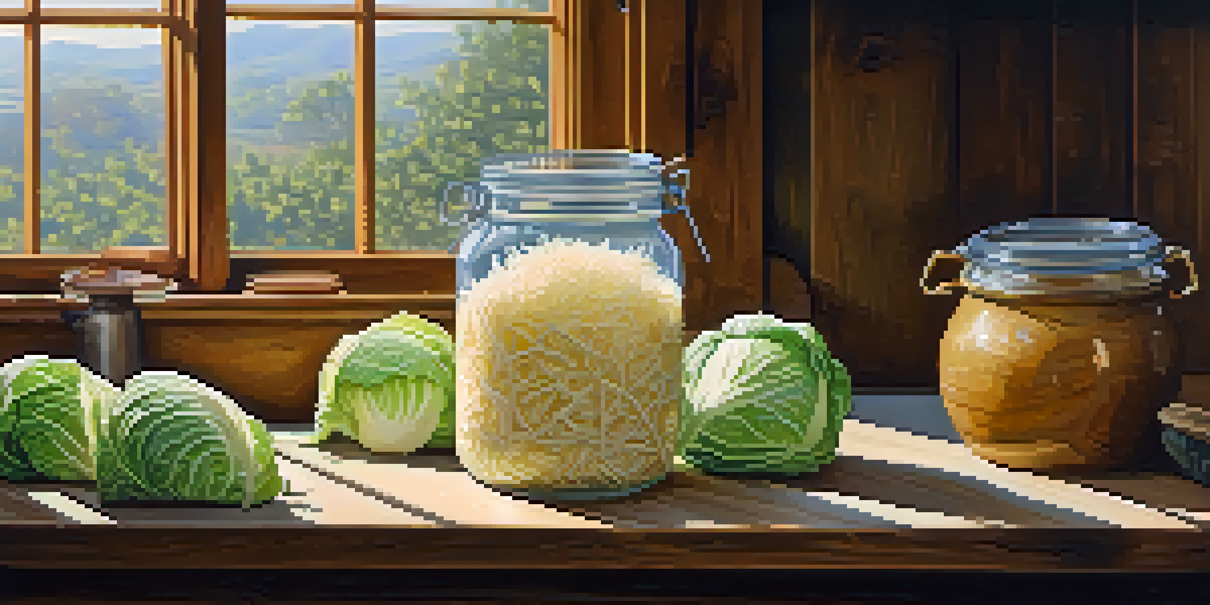 A rustic kitchen setting with a jar of sauerkraut on a wooden table, surrounded by fresh cabbages and kitchen utensils, illuminated by soft light.
