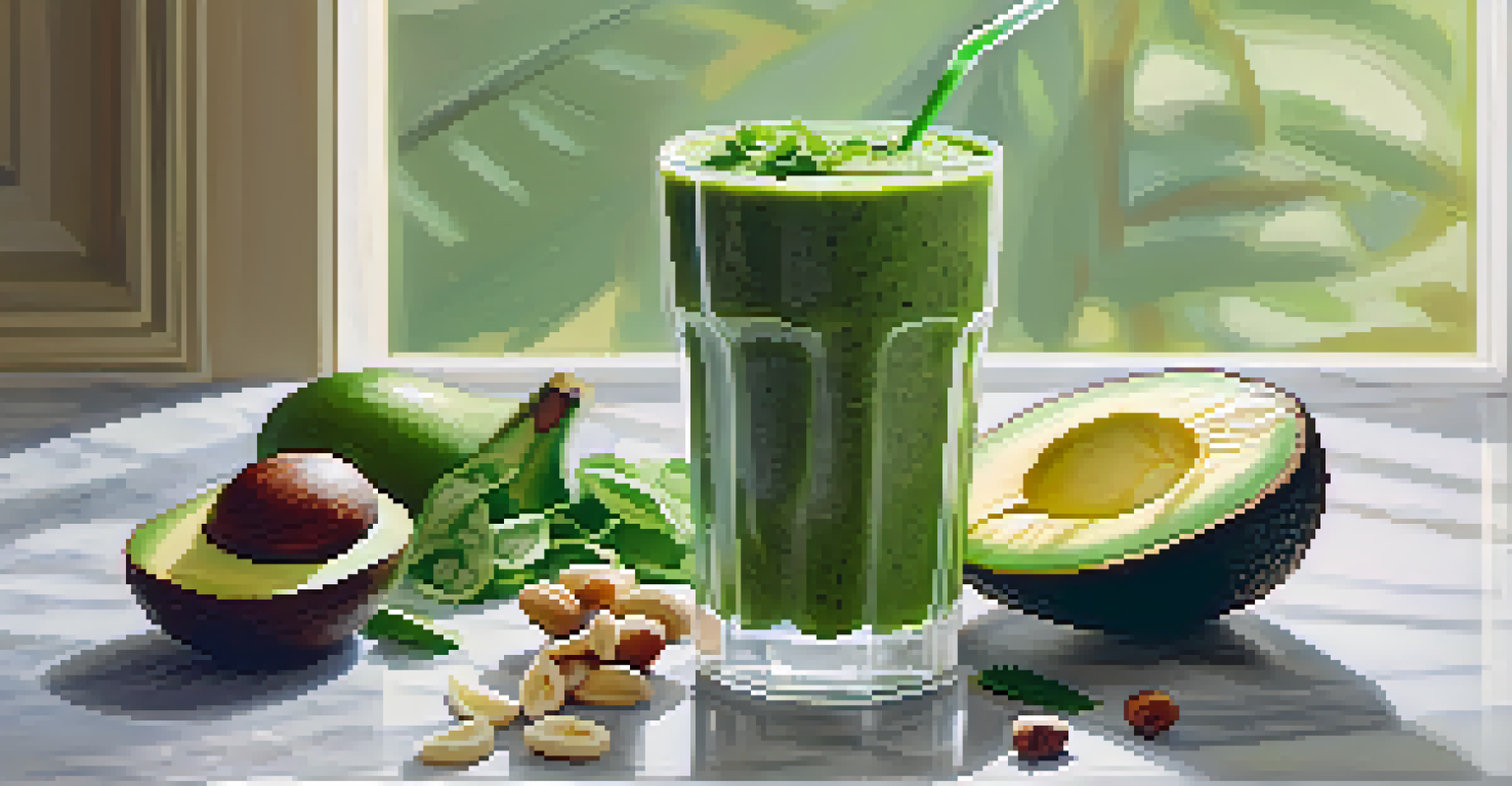 A close-up of a green smoothie in a glass, surrounded by fresh ingredients, highlighting the nutrient-rich content.