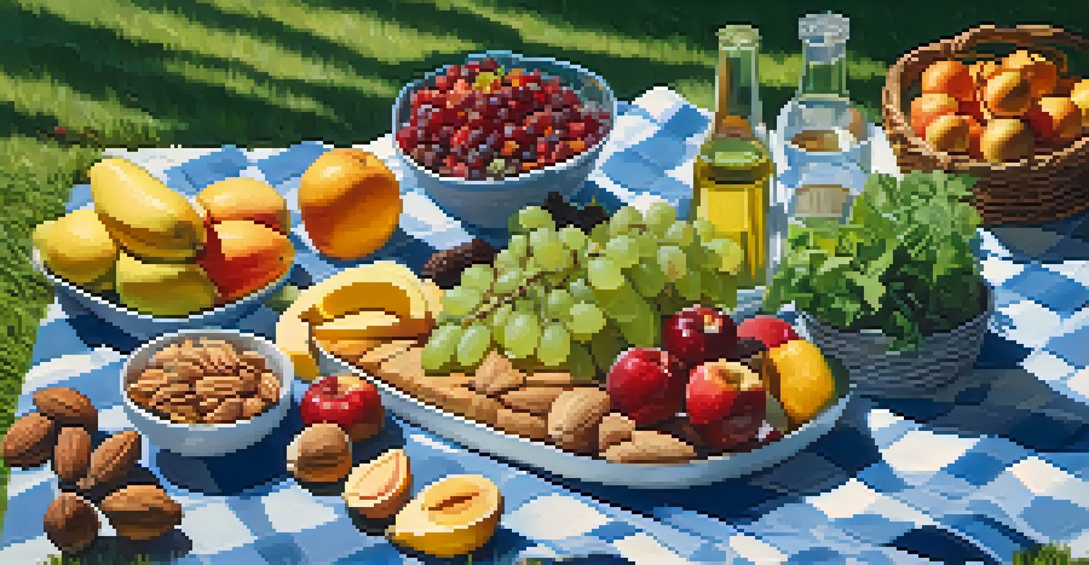 An outdoor picnic setup with a spread of raw foods, including fruits and salads, set against a backdrop of trees and blue sky.