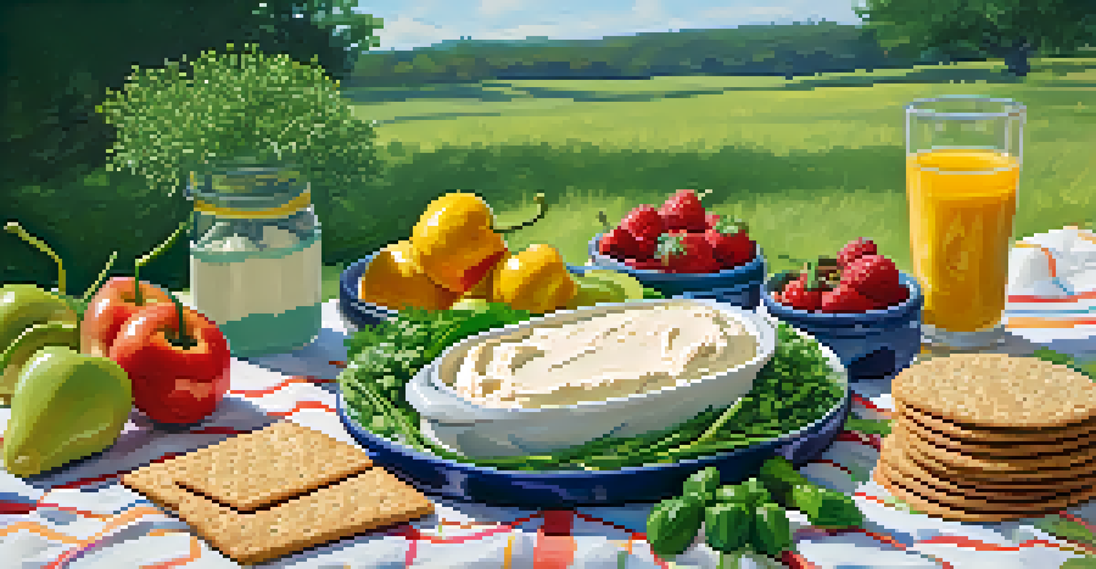 A picnic scene with a platter of cashew cheese spread and whole-grain crackers, decorated with herbs and jalapeño slices.