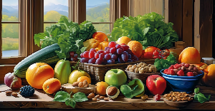 A wooden table filled with colorful fruits and vegetables, illuminated by natural light, showcasing a raw food diet.
