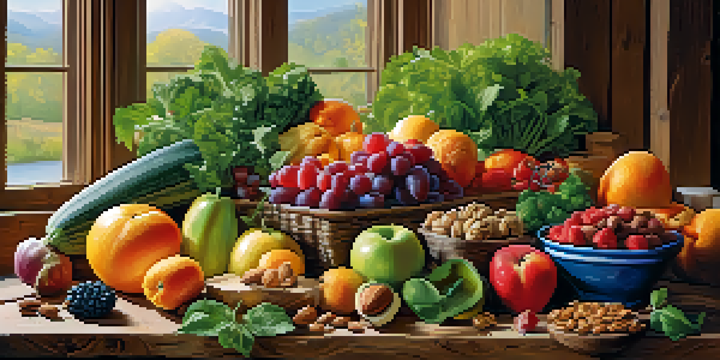 A wooden table filled with colorful fruits and vegetables, illuminated by natural light, showcasing a raw food diet.