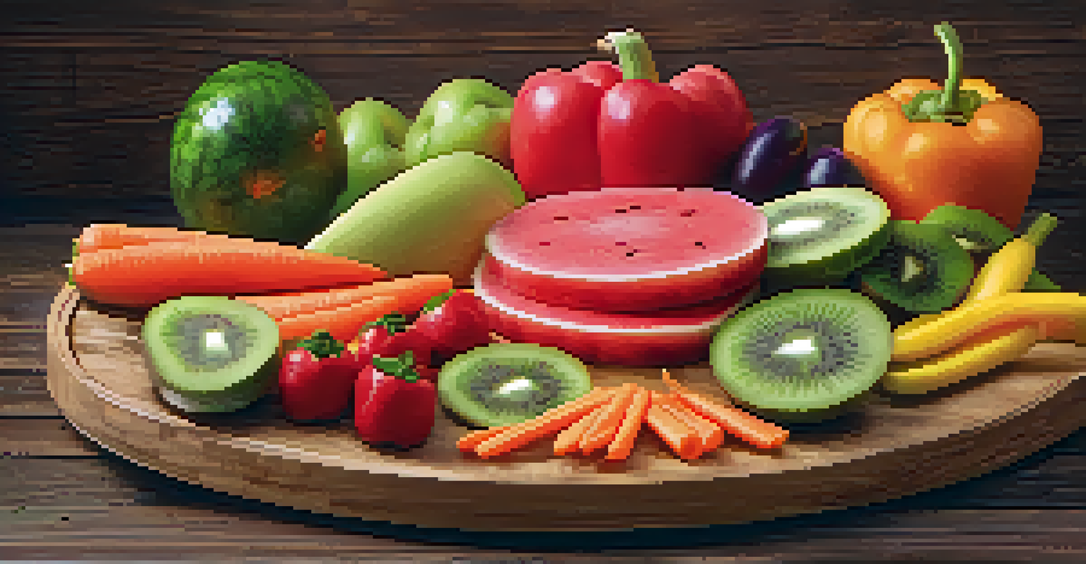 A close-up of a colorful raw food platter with sliced fruits and vegetables arranged on a wooden table.