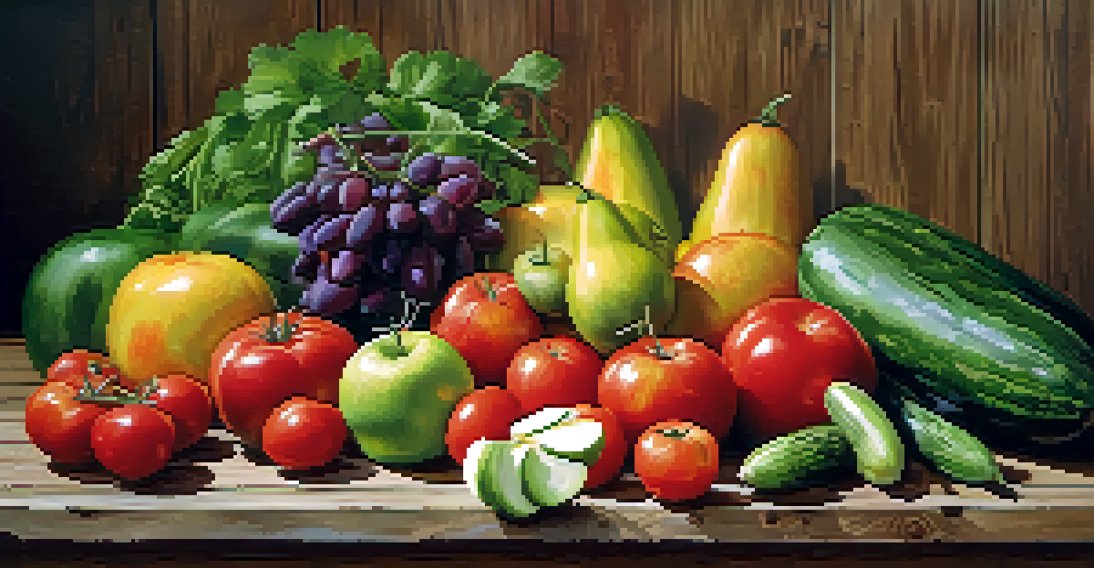 A colorful display of seasonal fruits and vegetables on a wooden table, highlighting their freshness and vibrant colors.