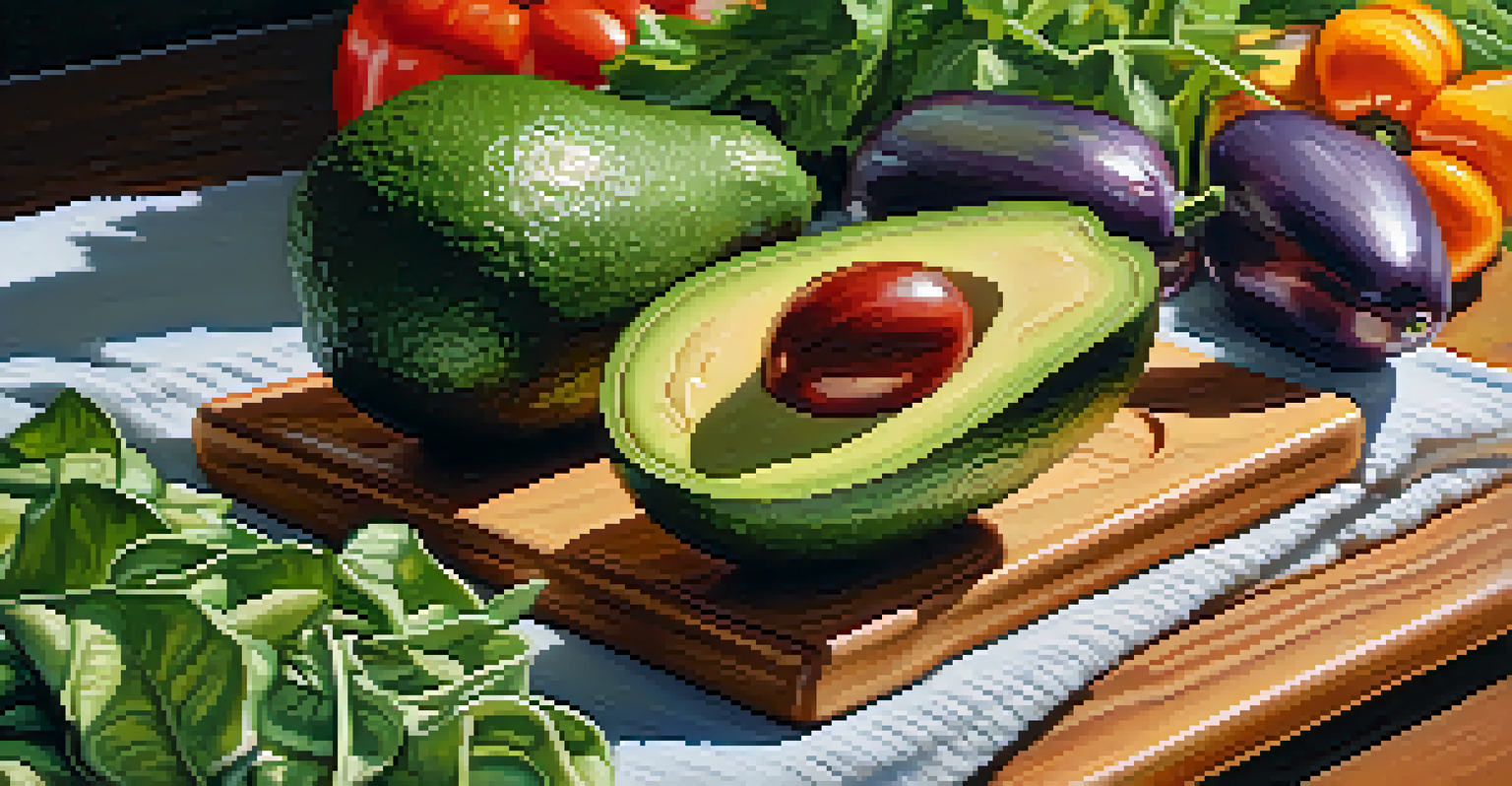 A close-up of a sliced avocado on a cutting board with vibrant bell peppers and greens, showcasing fresh raw ingredients.