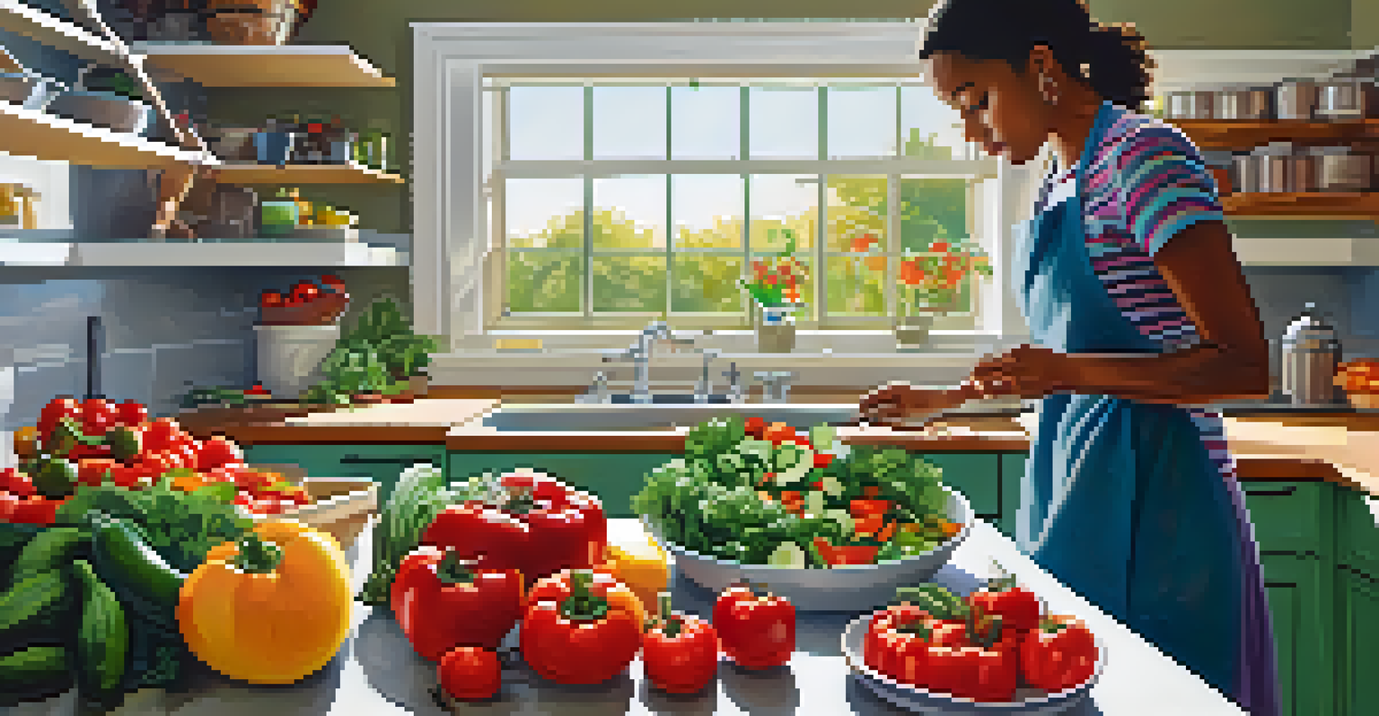 A person preparing a colorful salad in a bright kitchen, surrounded by fresh vegetables on the countertop.