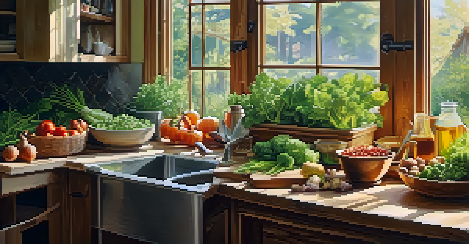 A rustic kitchen countertop filled with raw vegetables, nuts, and herbs, illuminated by sunlight from a window.