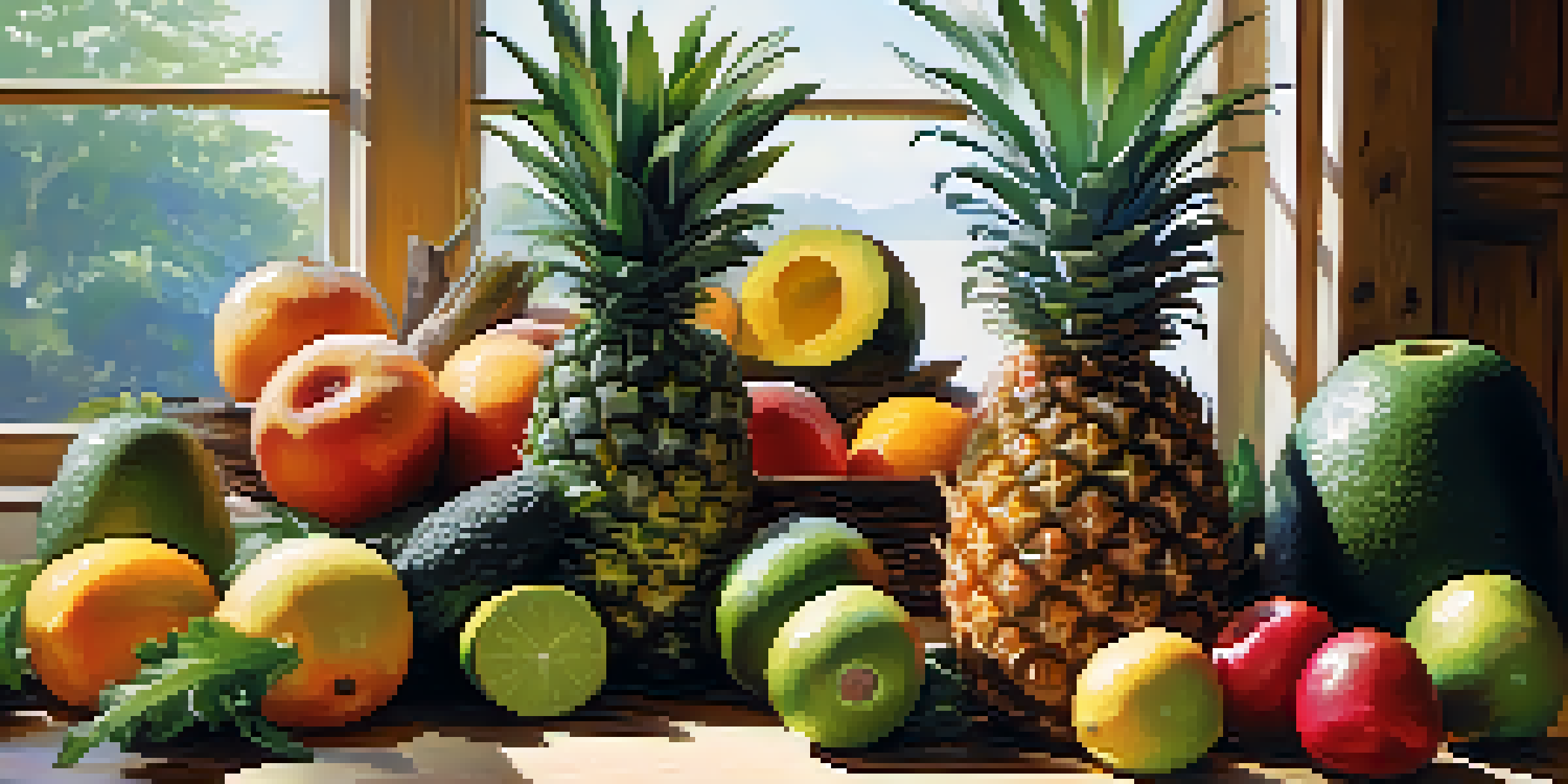 A colorful collection of fresh fruits and vegetables including a pineapple, papaya, and leafy greens on a wooden table, illuminated by soft natural light.