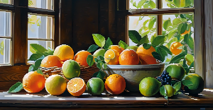 A colorful arrangement of citrus fruits on a wooden table, with sunlight illuminating their vibrant colors.