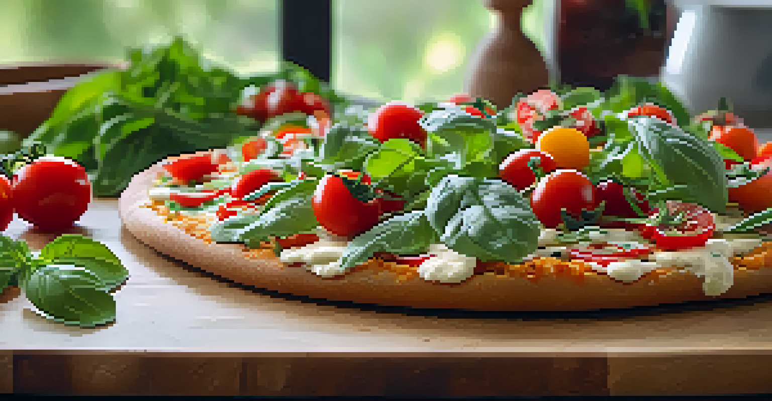 A raw pizza on a wooden board with fresh ingredients, emphasizing vibrant colors and textures.