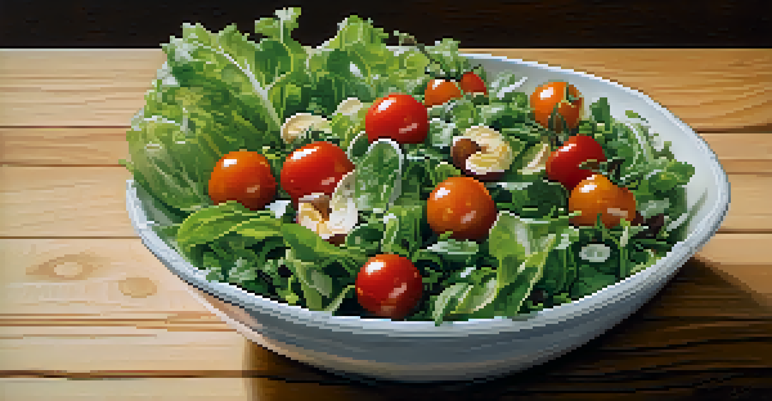 A beautifully arranged raw salad bowl with greens, tomatoes, and nuts on a wooden surface.