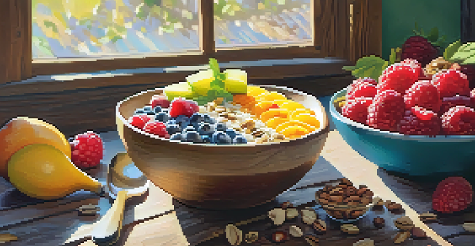 A colorful smoothie bowl topped with fresh fruits, nuts, and seeds on a wooden table, illuminated by morning sunlight.