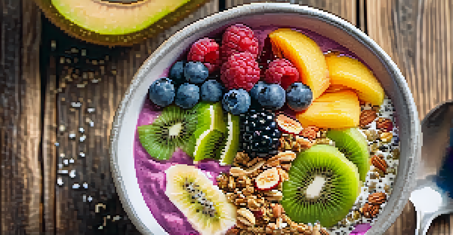 A close-up of a smoothie bowl filled with fruits and granola, set on a wooden table with a spoon next to it.
