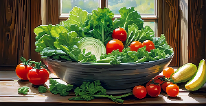 A colorful salad bowl with leafy greens and vegetables on a wooden table, illuminated by natural light.