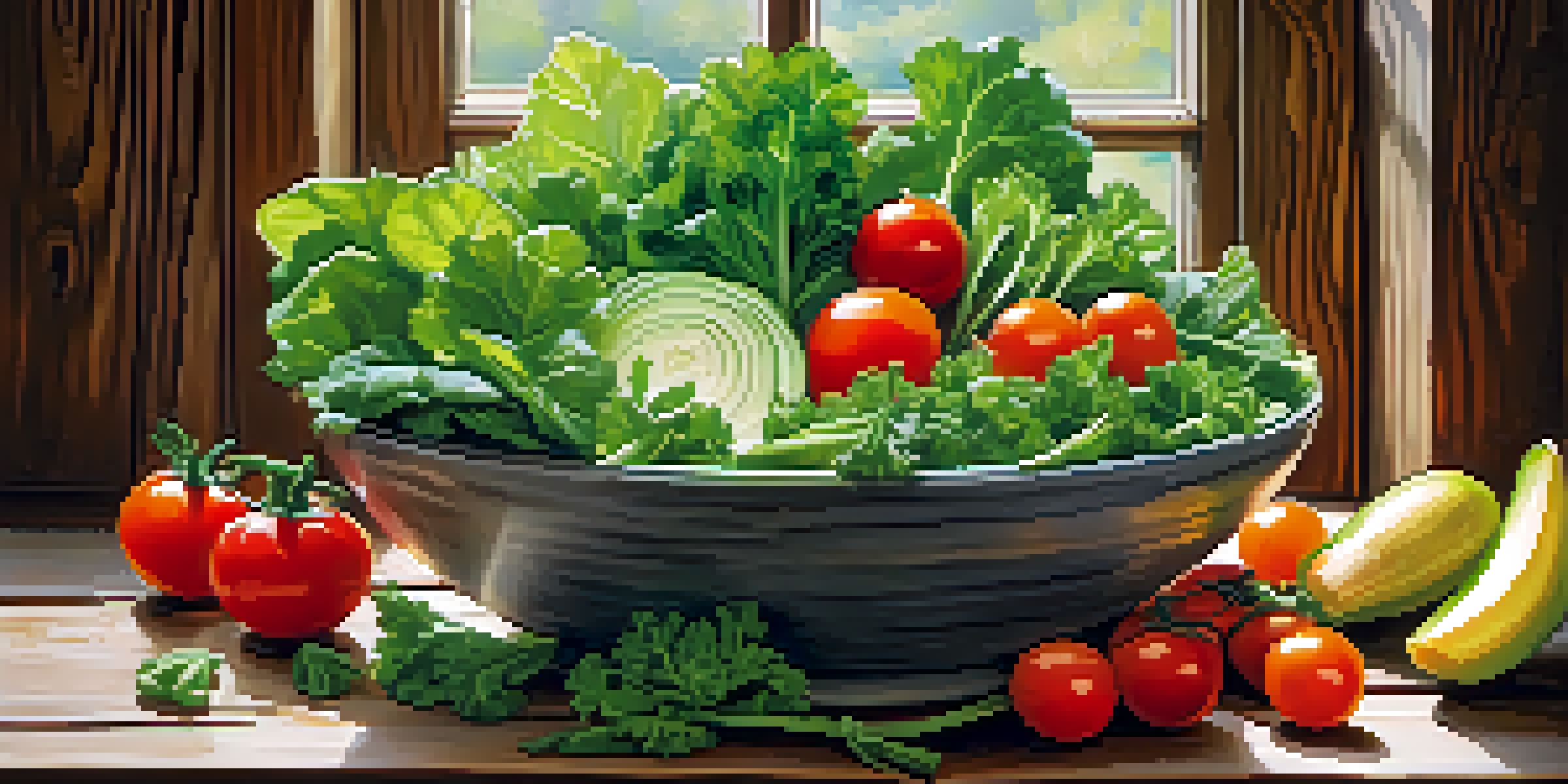 A colorful salad bowl with leafy greens and vegetables on a wooden table, illuminated by natural light.