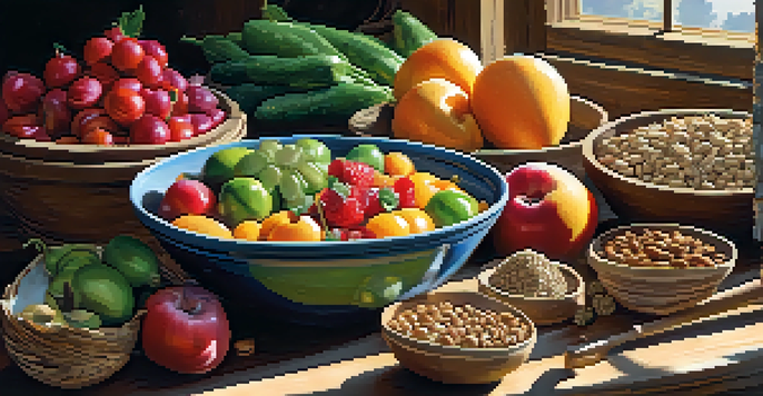 A colorful arrangement of fresh fruits, vegetables, nuts, and seeds on a wooden table with sunlight illuminating the scene.