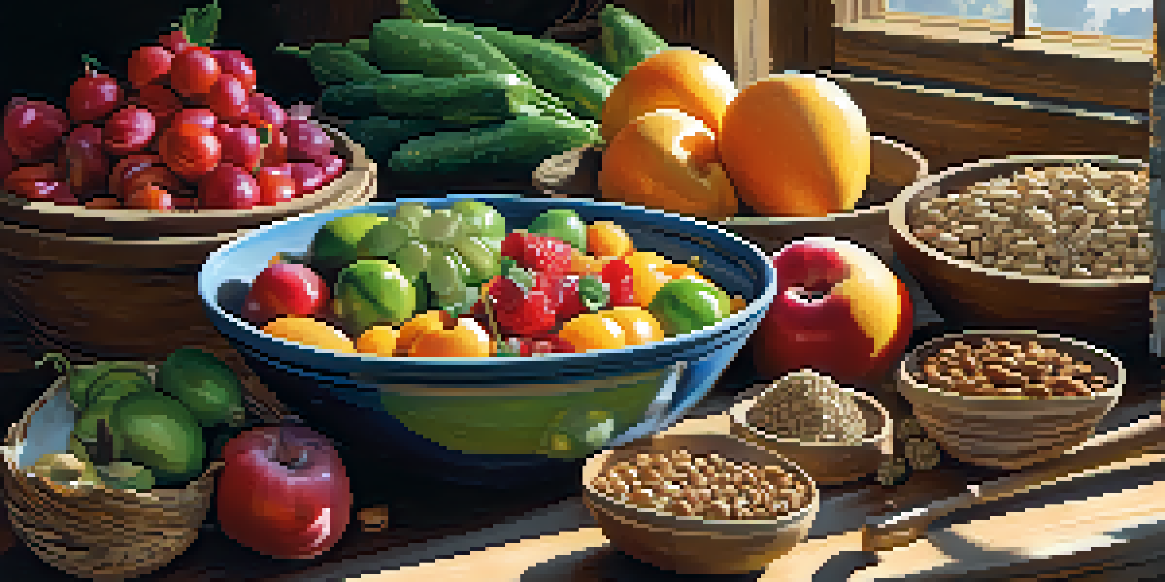 A colorful arrangement of fresh fruits, vegetables, nuts, and seeds on a wooden table with sunlight illuminating the scene.