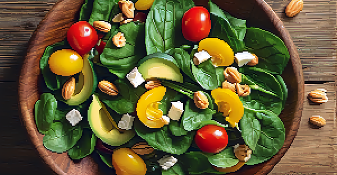 A colorful salad with greens, red tomatoes, yellow bell peppers, and avocado on a rustic wooden table in soft lighting.