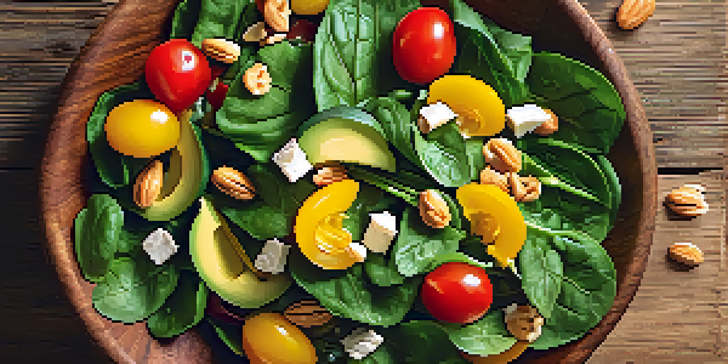 A colorful salad with greens, red tomatoes, yellow bell peppers, and avocado on a rustic wooden table in soft lighting.