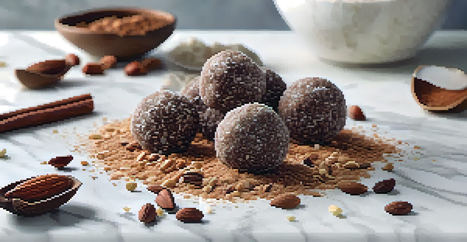 An artistic display of raw cacao energy balls on a marble countertop with nuts and cacao powder.