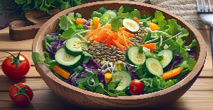 A colorful raw food salad with leafy greens, cherry tomatoes, cucumbers, and carrots in a wooden bowl, set in a softly lit kitchen.