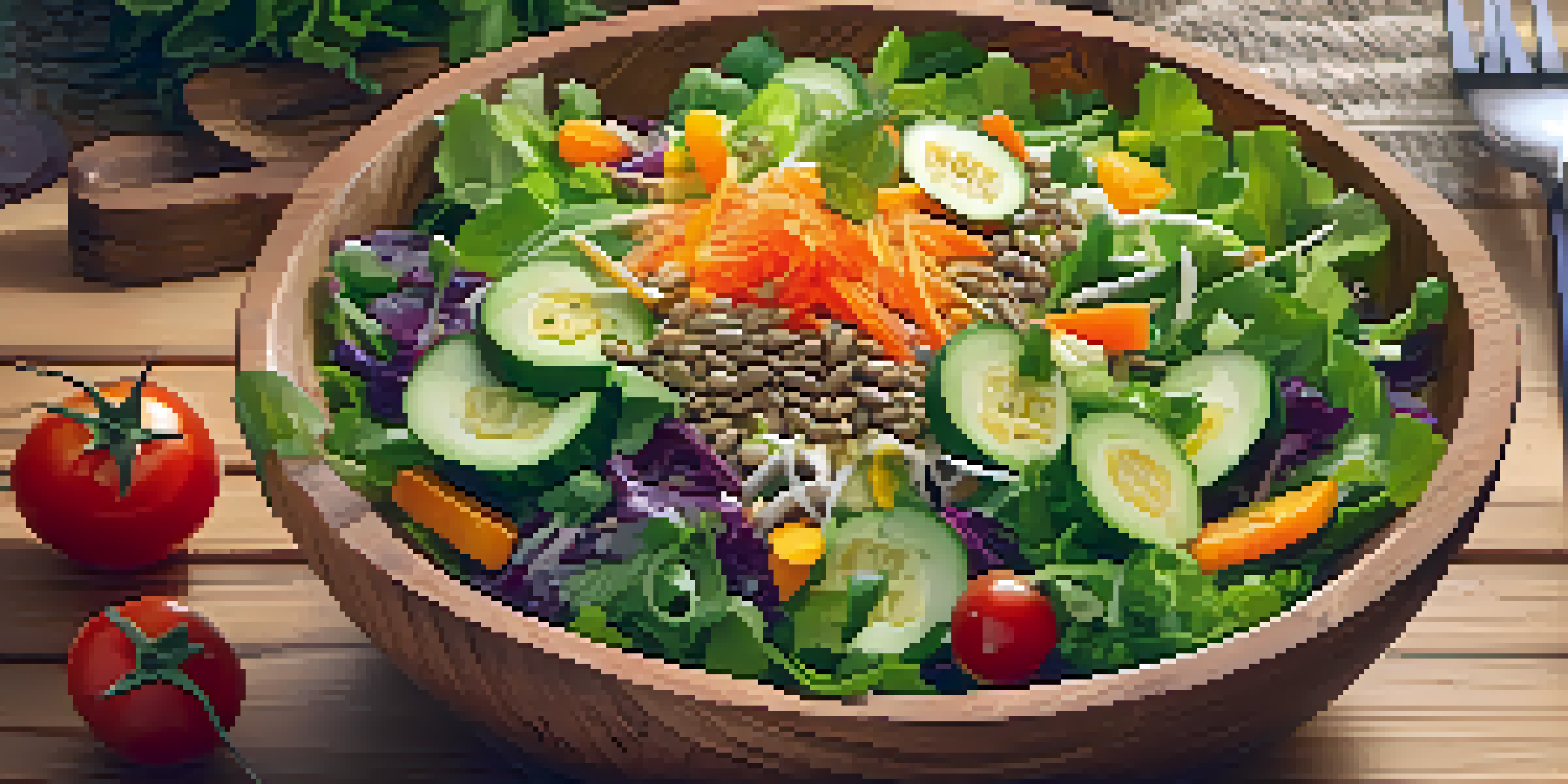 A colorful raw food salad with leafy greens, cherry tomatoes, cucumbers, and carrots in a wooden bowl, set in a softly lit kitchen.