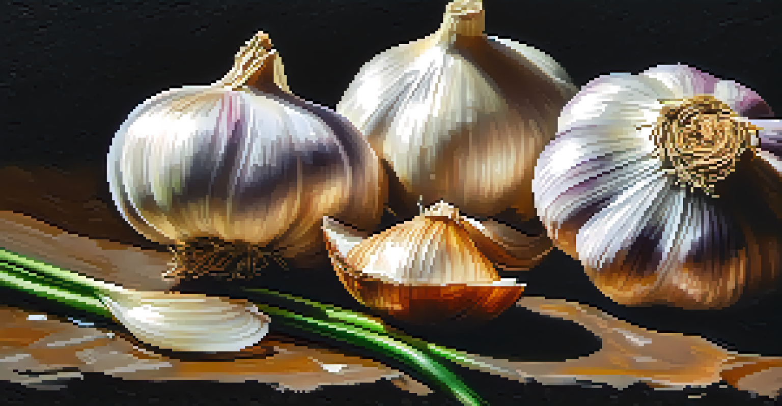 A close-up of raw garlic and onions on a dark stone surface, highlighting their textures and layers.