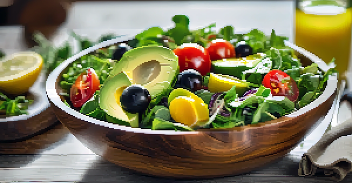 A colorful raw food salad in a wooden bowl with mixed greens, cherry tomatoes, and avocado, accented by a lemon vinaigrette.